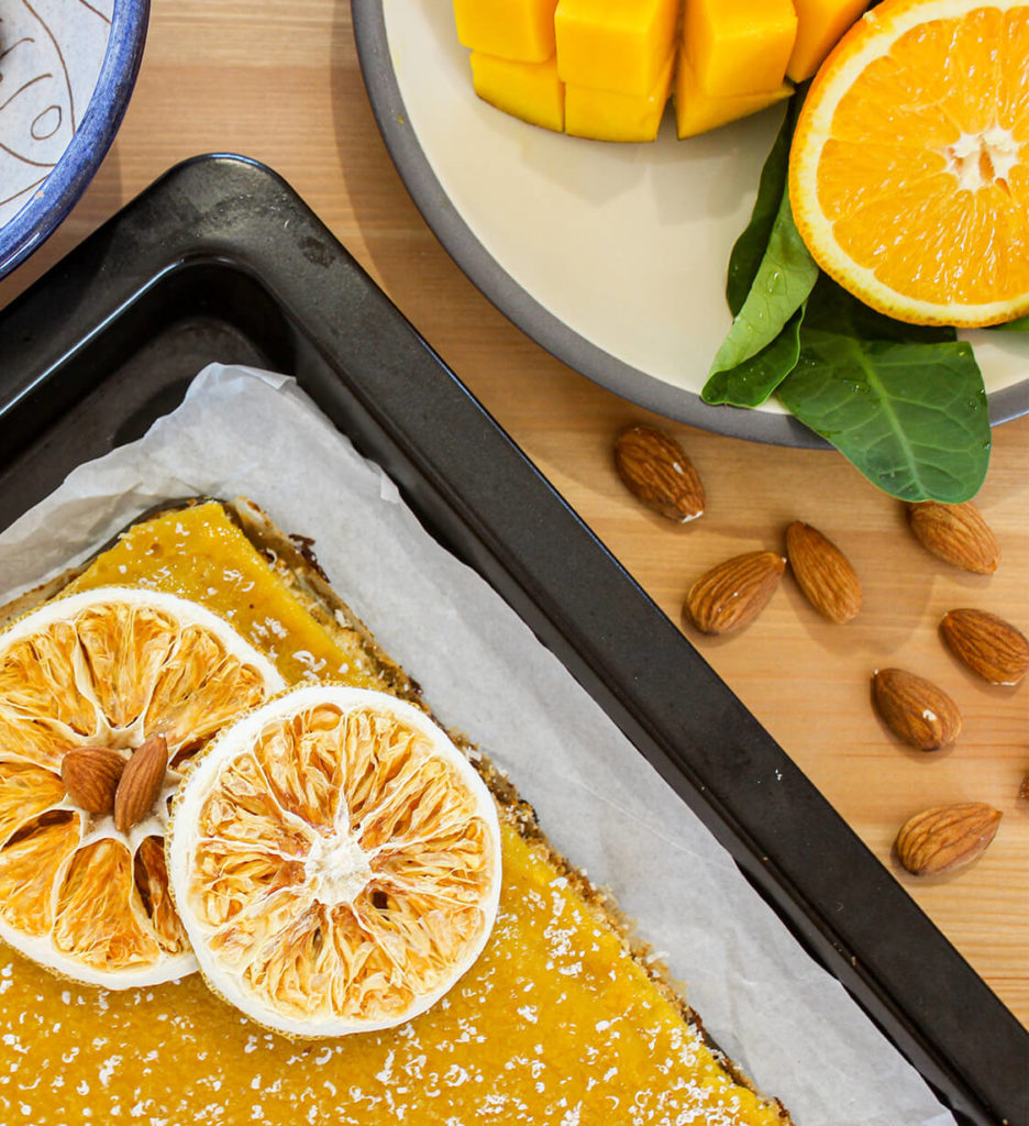 Sara´s Organic Food recipes, mango-orange-square bake